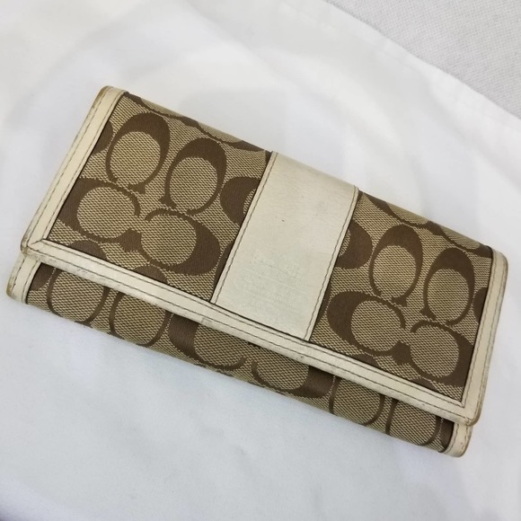 Coach Handbags - Coach Brown Signature Wallet Long Flap Front Jacquard Logo C Leather Ivory